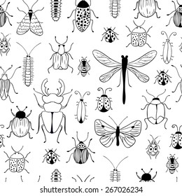 Seamless Vector Pattern. Vector Hand Drawn Background. Save The Planet. Bugs And Butterflies. 