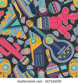 Seamless vector pattern with hand drawn mexican elements - guitar, sombrero, tequila, taco, skull, aztec mask, music instruments. Perfect artistic background. Travel to Mexico texture. 