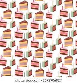 Seamless vector pattern with hand drawn cake with candles. Background with dessert for valentine day, birthday, wedding. Vintage scribble wallpaper, wrapping paper, textile design