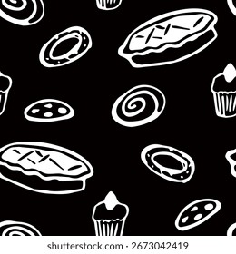 Seamless vector pattern with hand drawn bread and pastries in sketch style for bakery packaging, textile design and food branding.
