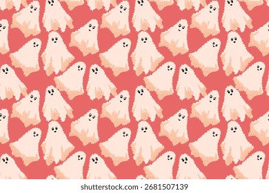 Seamless vector pattern with hand drawn cute fluffy ghosts on coral red background. Fun cartoon Halloween design for kids, fabric, wrapping paper, and decor