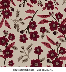 Seamless vector pattern with hand drawn groovy vintage flowers. Perfect for textile, wallpaper or print design. 
