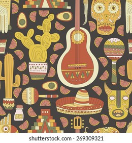 Seamless vector pattern with hand drawn mexican elements - guitar, sombrero, tequila, taco, skull, aztec mask, music instruments. Perfect artistic background for design. Travel to Mexico texture. 