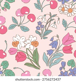 Seamless vector pattern with hand drawn spring floral and cherry on isolated background. Perfect for textile, wallpaper or nursery print design.