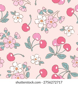 Seamless vector pattern with hand drawn cherry on isolated background. Perfect for textile, wallpaper or nursery print design.