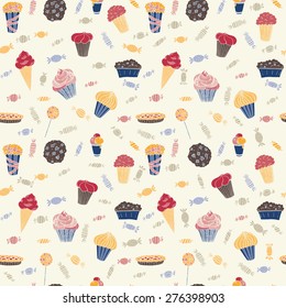 The seamless vector pattern with hand drawn sweets for your design. Can be used for wrapping paper, scrapbook, web site background, greeting cards.