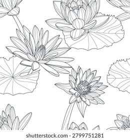 Seamless vector pattern with hand drawn lotus water lily blossom flowers. Botanical floral illustration. Elegant background for fabric, textile print, wrapping paper and surface design