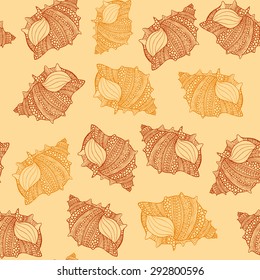 Seamless vector pattern with hand drawn seashells decorated with abstract ornamental doodles