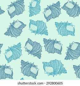 Seamless vector pattern with hand drawn seashells decorated with abstract ornamental doodles