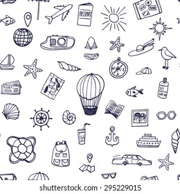 The seamless vector pattern with hand drawn travel objects for your design. Doodles.