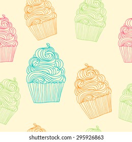 Seamless vector pattern with hand drawn outline cupcake illustrations. Cake background