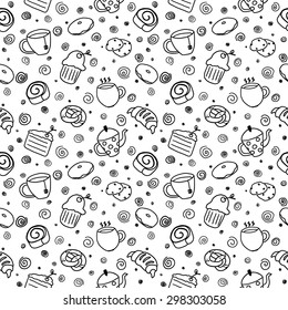 Seamless vector pattern with hand drawn doodle bakery products. Vector set of elements for menu design: cake, teapot, croissant, pancake, donut, coffee, cookie, bagel. Bakery&beverage for menu design.