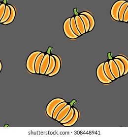 Seamless vector pattern, hand drawn pumpkin background on grey. 