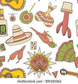 Seamless vector pattern with hand drawn Mexican elements. Perfect background for your design. Travel to Mexico texture.