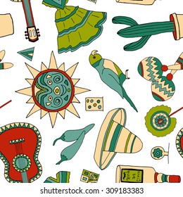 Seamless vector pattern with hand drawn Mexican elements. Perfect background for your design. Travel to Mexico texture.