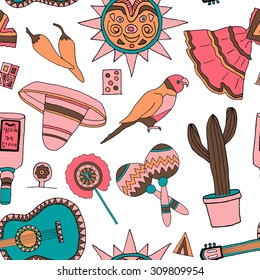 Seamless vector pattern with hand drawn mexican elements. Perfect background for your design. Travel to Mexico texture.