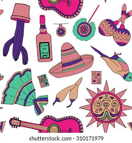 Seamless vector pattern with hand drawn mexican elements. Perfect background for your design. Travel to Mexico texture.