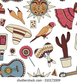 Seamless vector pattern with hand drawn mexican elements. Perfect background for your design. Travel to Mexico texture.