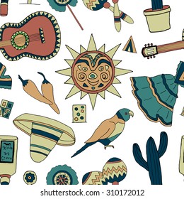 Seamless vector pattern with hand drawn mexican elements. Perfect background for your design. Travel to Mexico texture.