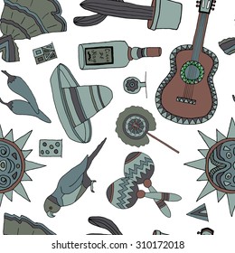 Seamless vector pattern with hand drawn mexican elements. Perfect background for your design. Travel to Mexico texture.