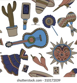 Seamless vector pattern with hand drawn mexican elements. Perfect background for your design. Travel to Mexico texture.