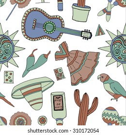 Seamless vector pattern with hand drawn mexican elements. Perfect background for your design. Travel to Mexico texture.