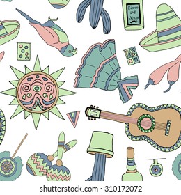 Seamless vector pattern with hand drawn mexican elements. Perfect background for your design. Travel to Mexico texture.