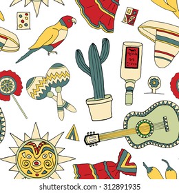 Seamless vector pattern with hand drawn mexican elements. Perfect background for your design. Travel to Mexico texture.