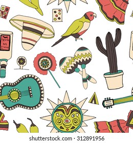 Seamless vector pattern with hand drawn mexican elements. Perfect background for your design. Travel to Mexico texture.