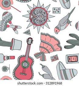 Seamless vector pattern with hand drawn mexican elements. Perfect background for your design. Travel to Mexico texture.