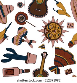 Seamless vector pattern with hand drawn mexican elements. Perfect background for your design. Travel to Mexico texture.