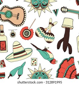 Seamless vector pattern with hand drawn mexican elements. Perfect background for your design. Travel to Mexico texture.