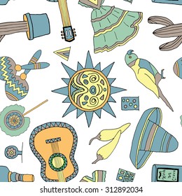 Seamless vector pattern with hand drawn mexican elements. Perfect background for your design. Travel to Mexico texture.