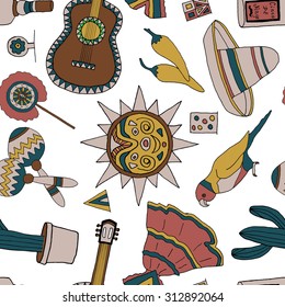 Seamless vector pattern with hand drawn mexican elements. Perfect background for your design. Travel to Mexico texture.