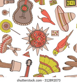 Seamless vector pattern with hand drawn mexican elements. Perfect background for your design. Travel to Mexico texture.
