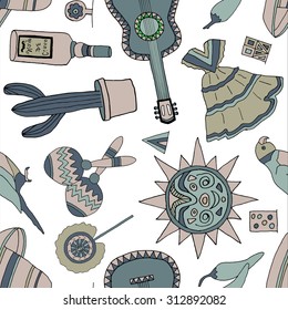 Seamless vector pattern with hand drawn mexican elements. Perfect background for your design. Travel to Mexico texture.