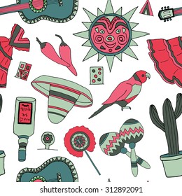 Seamless vector pattern with hand drawn mexican elements. Perfect background for your design. Travel to Mexico texture.