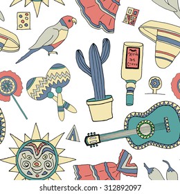 Seamless vector pattern with hand drawn mexican elements. Perfect background for your design. Travel to Mexico texture.