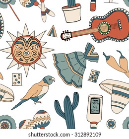 Seamless vector pattern with hand drawn mexican elements. Perfect background for your design. Travel to Mexico texture.