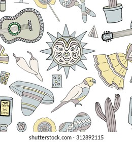 Seamless vector pattern with hand drawn mexican elements. Perfect background for your design. Travel to Mexico texture.