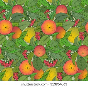 Seamless vector pattern with hand drawn apple branches and guelder rose berries.