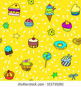 The seamless vector pattern with hand drawn sweets for your design. Can be used for wrapping paper, scrap booking, web site background, greeting cards.