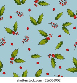 Seamless vector pattern with hand drawn holly branches.