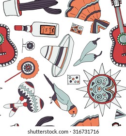 Seamless vector pattern with hand drawn mexican elements. Perfect background for your design. Travel to Mexico texture.