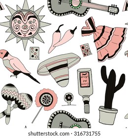 Seamless vector pattern with hand drawn mexican elements. Perfect background for your design. Travel to Mexico texture.