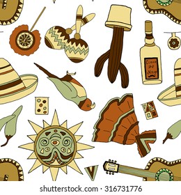 Seamless vector pattern with hand drawn mexican elements. Perfect background for your design. Travel to Mexico texture.