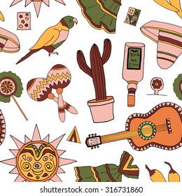 Seamless vector pattern with hand drawn mexican elements. Perfect background for your design. Travel to Mexico texture.