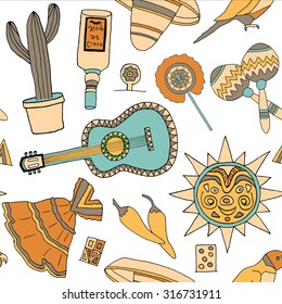 Seamless vector pattern with hand drawn mexican elements. Perfect background for your design. Travel to Mexico texture.