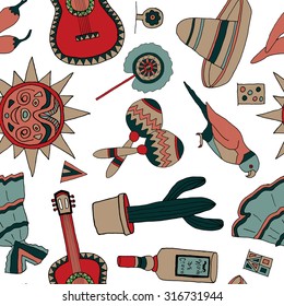 Seamless vector pattern with hand drawn mexican elements. Perfect background for your design. Travel to Mexico texture.
