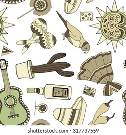 Seamless vector pattern with hand drawn mexican elements. Perfect background for your design. Travel to Mexico texture.